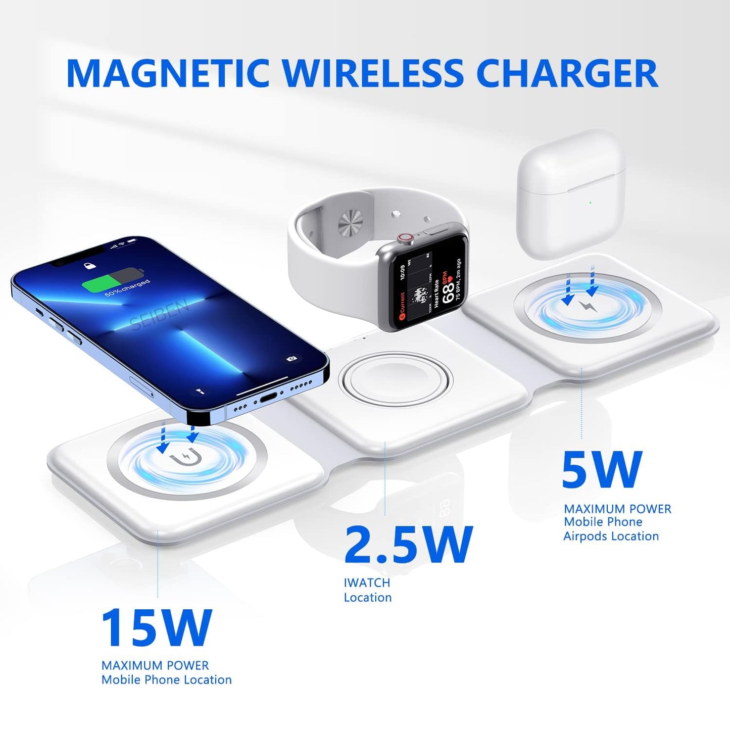 3-in-1 Magnetic Wireless Charger – Compatible with iPhone, AirPods & Apple Watch